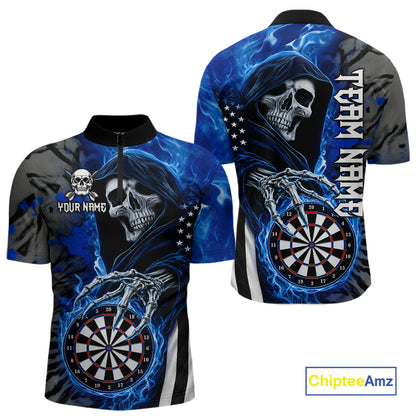 Personalized Blue Flame Grim Reaper US Flag Darts Shirts For Men Custom Skull Darts Team Jersey TDM8031