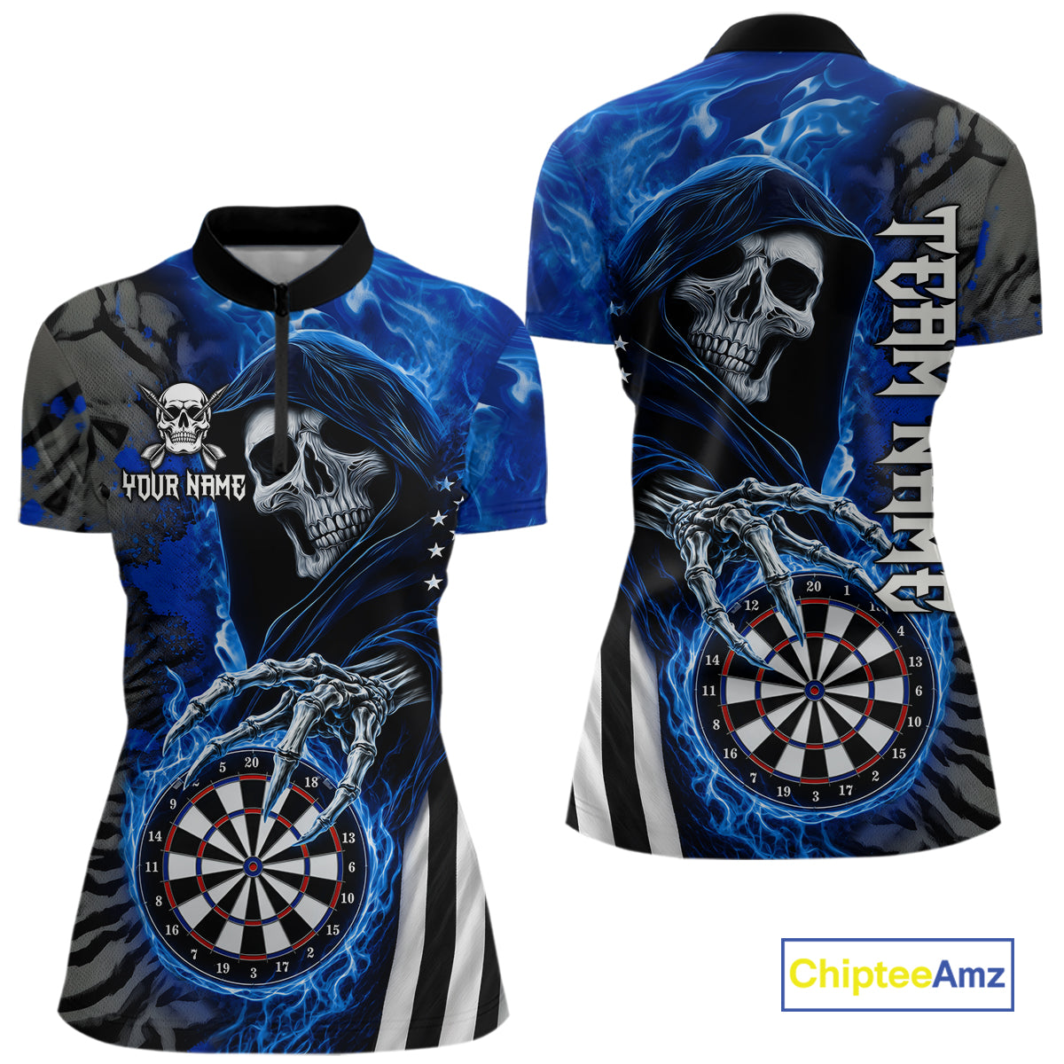 Personalized Blue Flame Grim Reaper US Flag Darts Shirts For Women Custom Skull Darts Team Jersey TDM8031