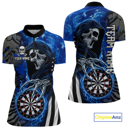 Personalized Blue Flame Grim Reaper US Flag Darts Shirts For Women Custom Skull Darts Team Jersey TDM8031