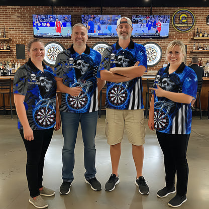 Personalized Blue Flame Grim Reaper US Flag Darts Shirts For Women Custom Skull Darts Team Jersey TDM8031