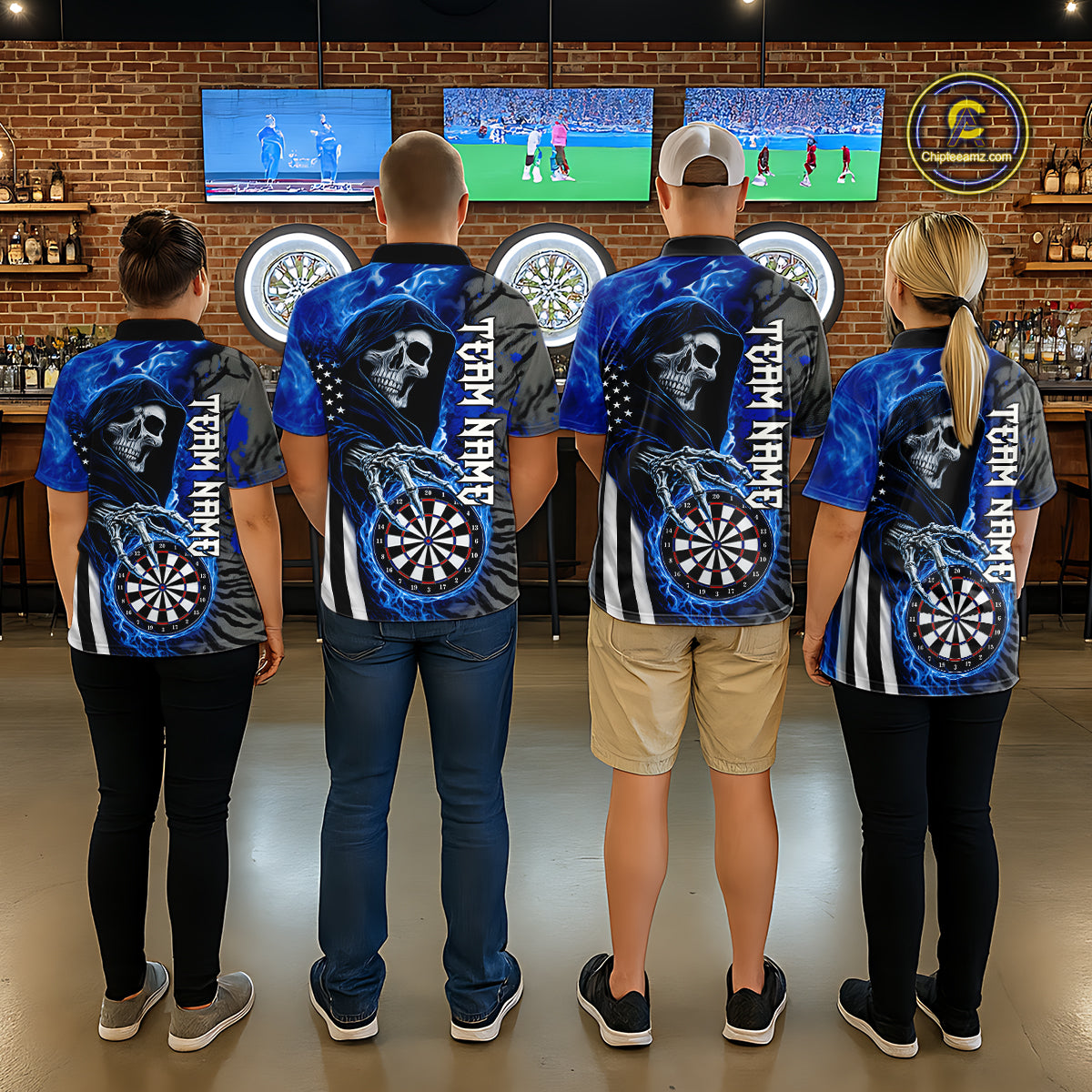 Personalized Blue Flame Grim Reaper US Flag Darts Shirts For Women Custom Skull Darts Team Jersey TDM8031