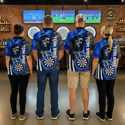 Personalized Blue Flame Grim Reaper US Flag Darts Shirts For Women Custom Skull Darts Team Jersey TDM8031