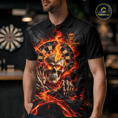 Personalized Orange Flaming Skull Darts Shirts For Men Custom Fire Darts Team Jersey Polo, 1/4 Zip TDM8045