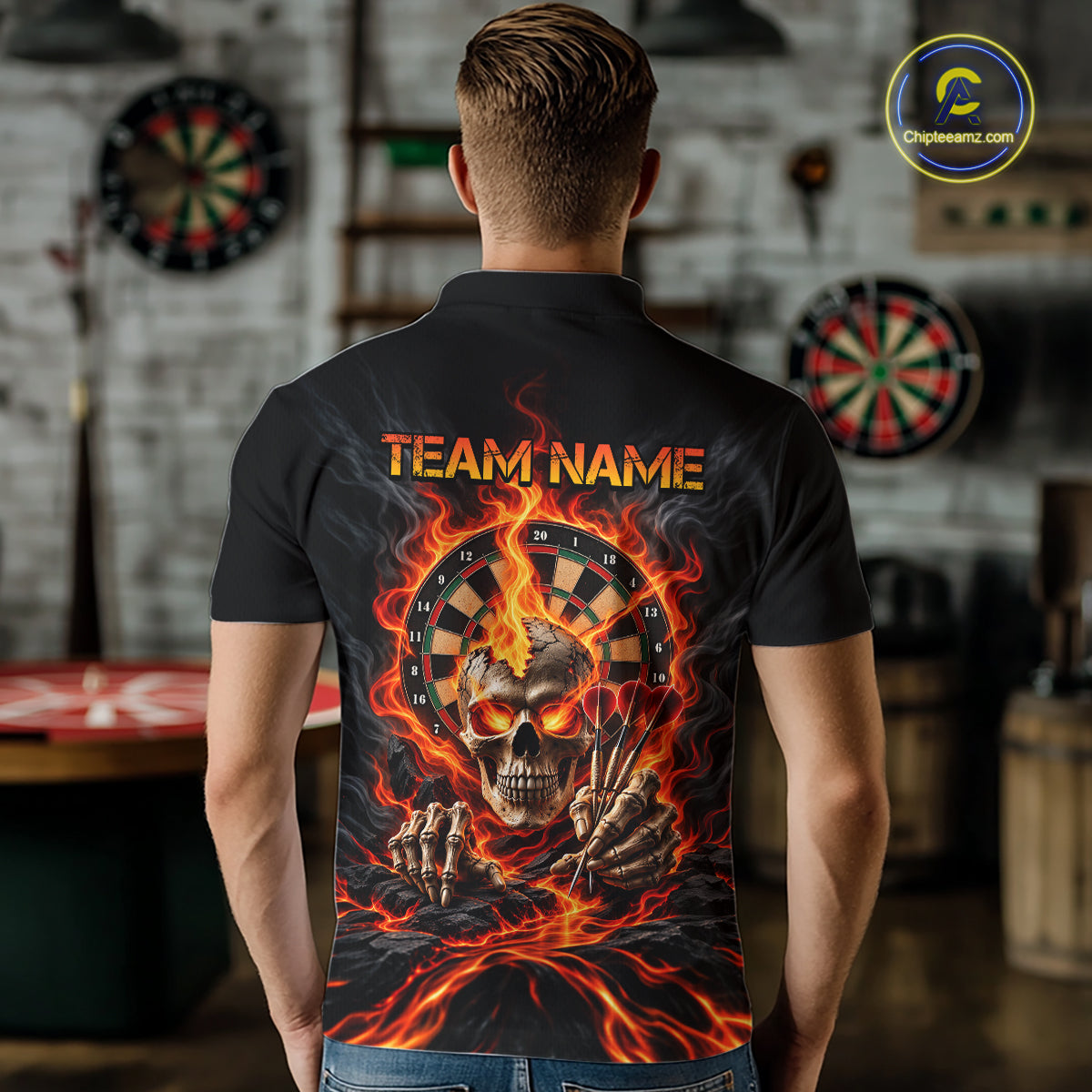 Personalized Orange Flaming Skull Darts Shirts For Men Custom Fire Darts Team Jersey Polo, 1/4 Zip TDM8045