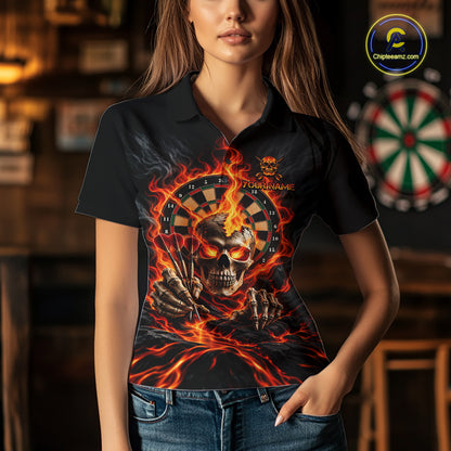 Personalized Orange Flaming Skull Darts Shirts For Women Custom Fire Darts Team Jersey Polo, 1/4 Zip TDM8045