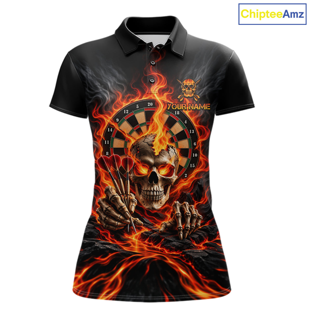 Personalized Orange Flaming Skull Darts Shirts For Women Custom Fire Darts Team Jersey Polo, 1/4 Zip TDM8045