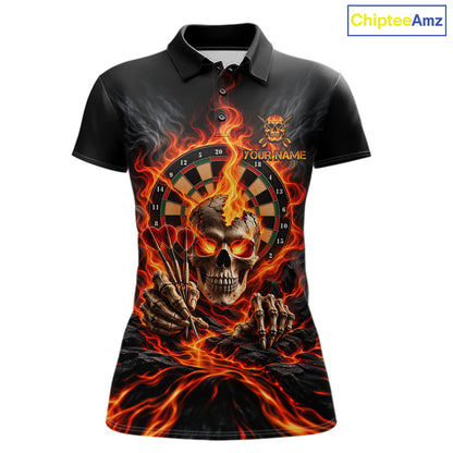 Personalized Orange Flaming Skull Darts Shirts For Women Custom Fire Darts Team Jersey Polo, 1/4 Zip TDM8045