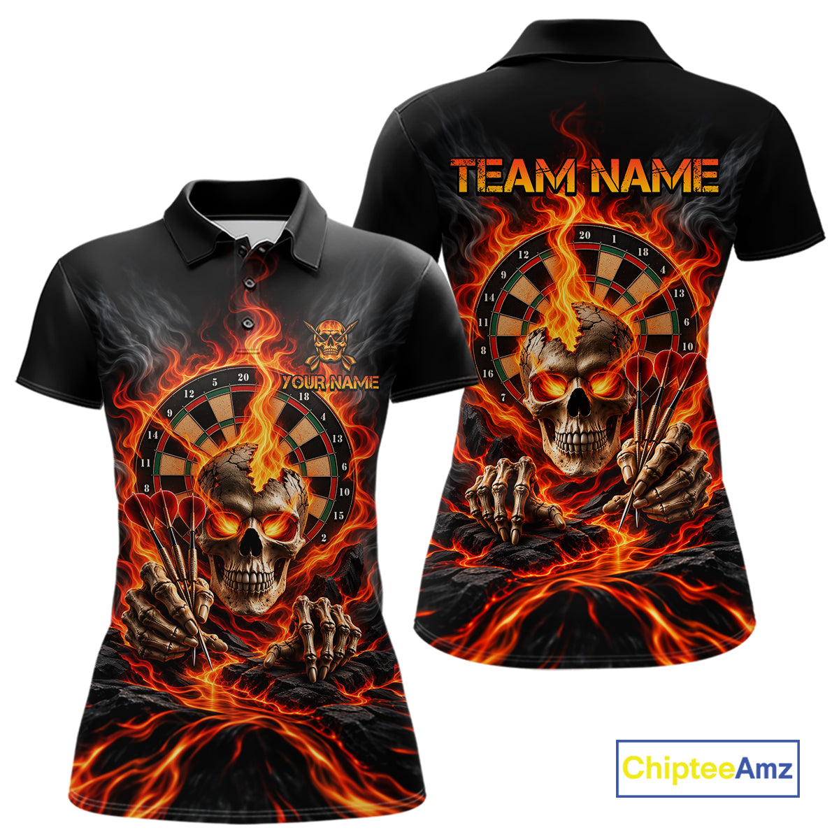 Personalized Orange Flaming Skull Darts Shirts For Women Custom Fire Darts Team Jersey Polo, 1/4 Zip TDM8045