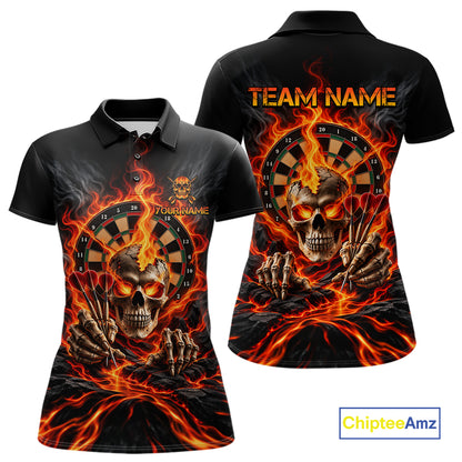 Personalized Orange Flaming Skull Darts Shirts For Women Custom Fire Darts Team Jersey Polo, 1/4 Zip TDM8045