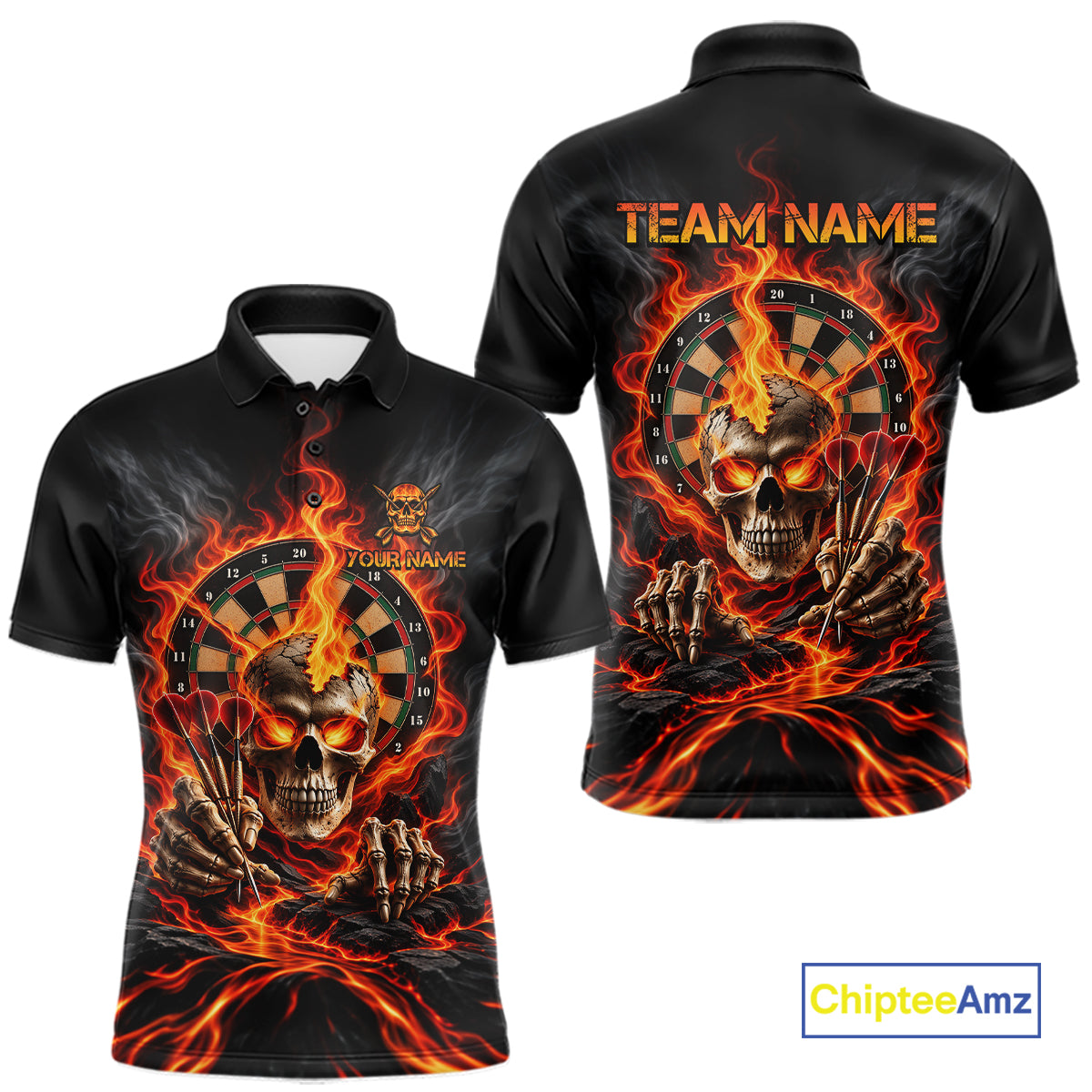 Personalized Orange Flaming Skull Darts Shirts For Men Custom Fire Darts Team Jersey Polo, 1/4 Zip TDM8045