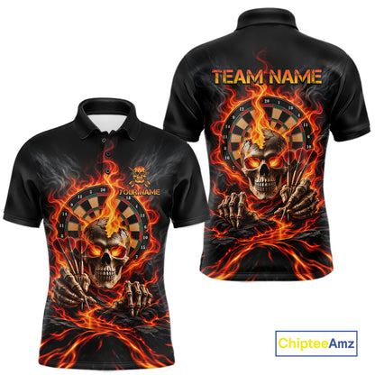 Personalized Orange Flaming Skull Darts Shirts For Men Custom Fire Darts Team Jersey Polo, 1/4 Zip TDM8045