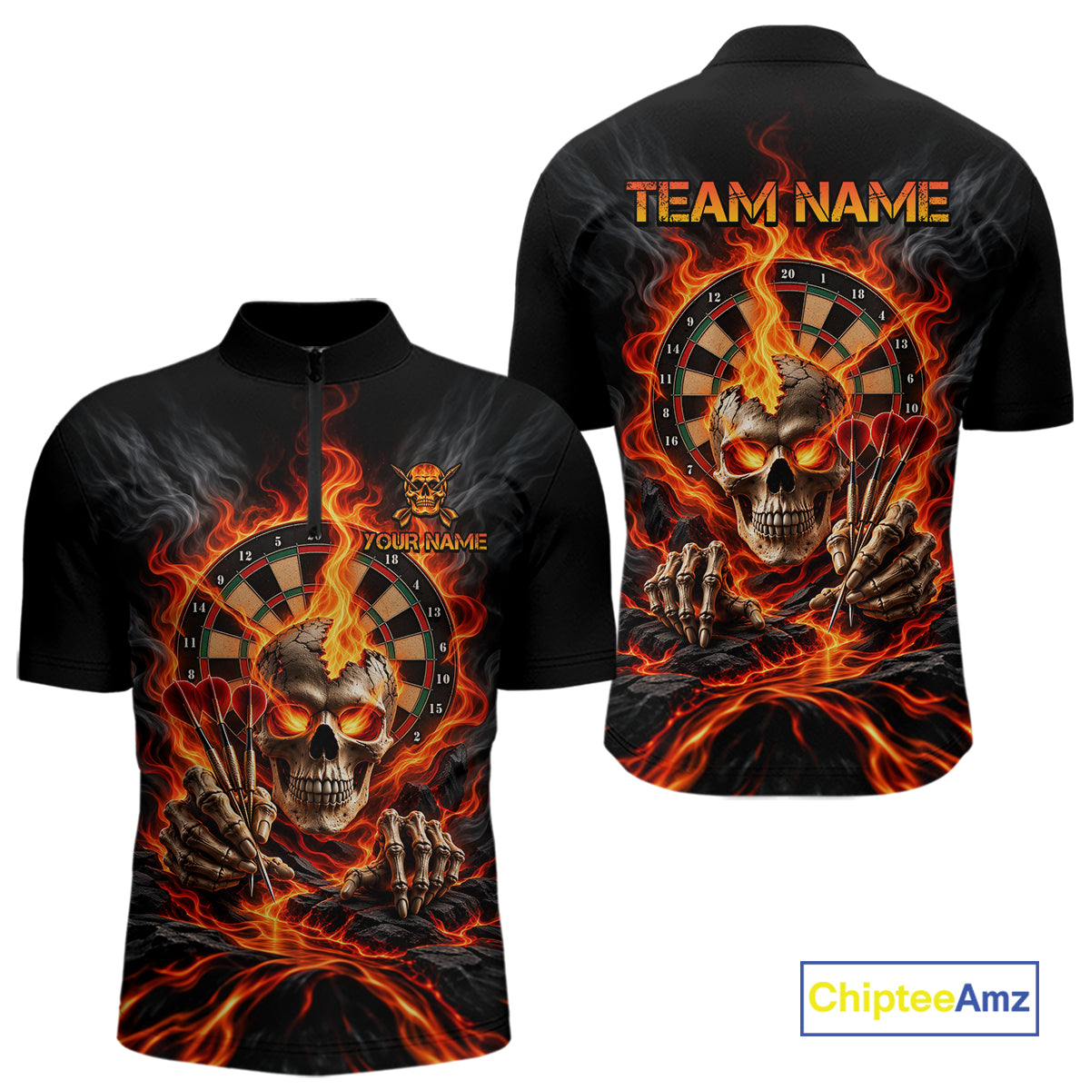 Personalized Orange Flaming Skull Darts Shirts For Men Custom Fire Darts Team Jersey Polo, 1/4 Zip TDM8045