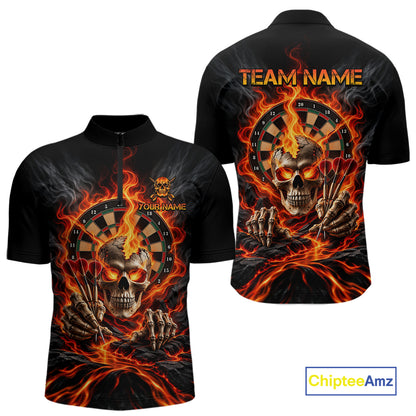 Personalized Orange Flaming Skull Darts Shirts For Men Custom Fire Darts Team Jersey Polo, 1/4 Zip TDM8045