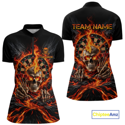 Personalized Orange Flaming Skull Darts Shirts For Women Custom Fire Darts Team Jersey Polo, 1/4 Zip TDM8045