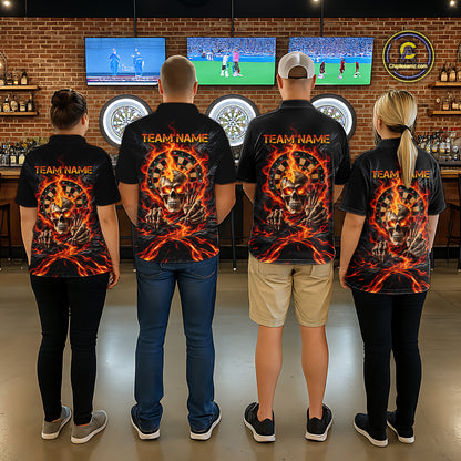 Personalized Orange Flaming Skull Darts Shirts For Men Custom Fire Darts Team Jersey Polo, 1/4 Zip TDM8045