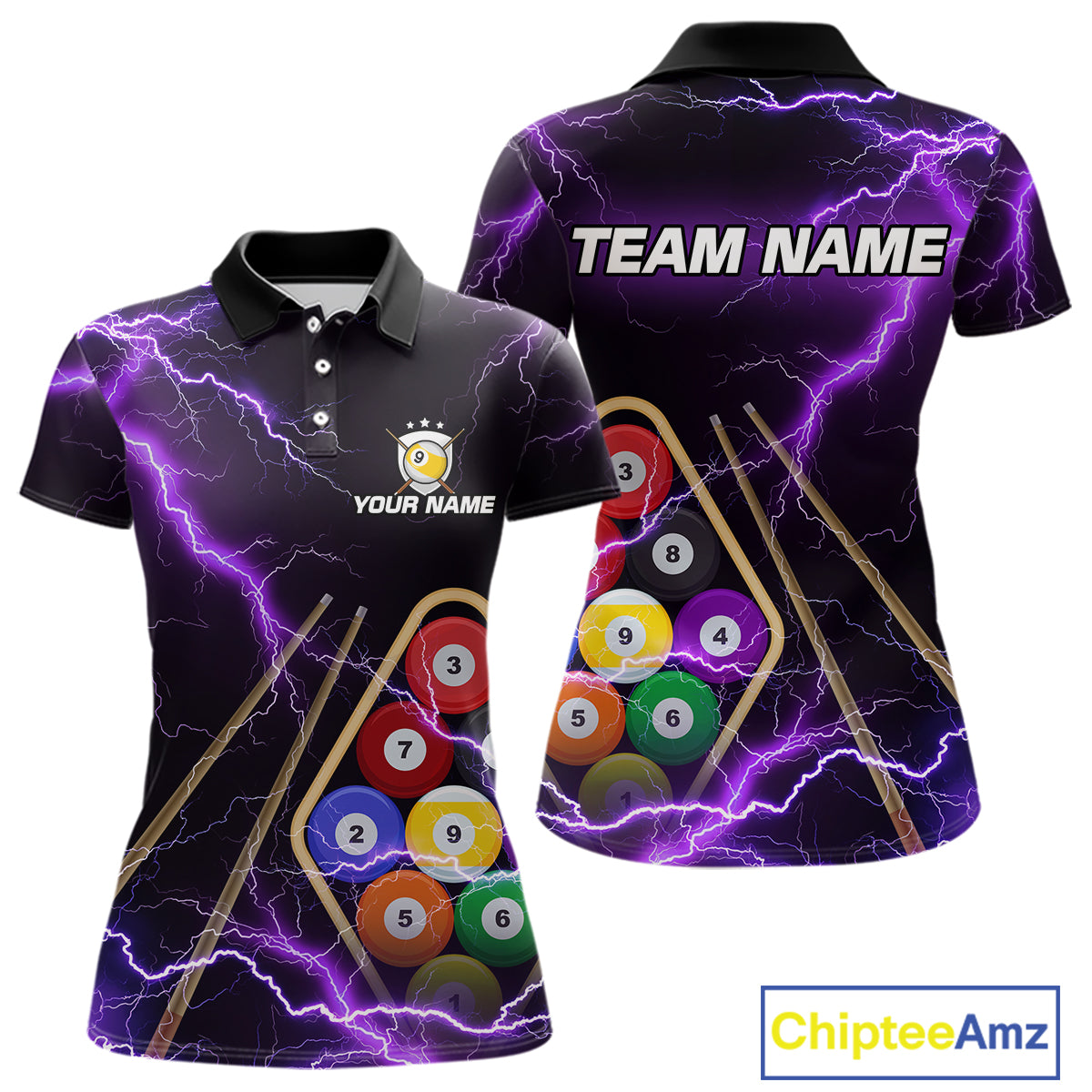 Purple 9 Ball Thunder Lightning Billiard Shirts For Women Custom Pool Team Jersey Polo & 1/4 Zip TDM5979