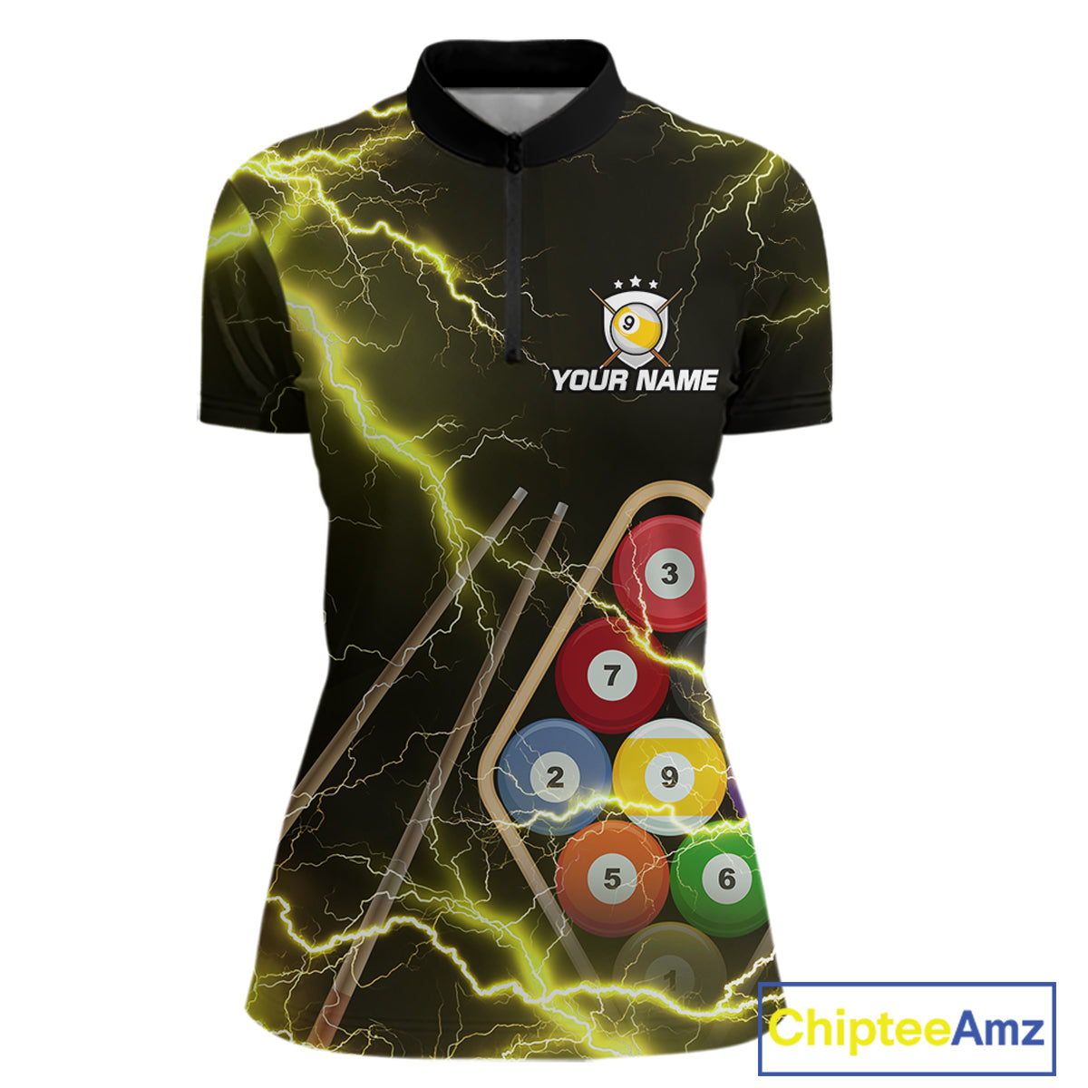 Yellow 9 Ball Thunder Lightning Billiard Shirts For Women Custom Pool Team Jersey Polo & 1/4 Zip TDM5980