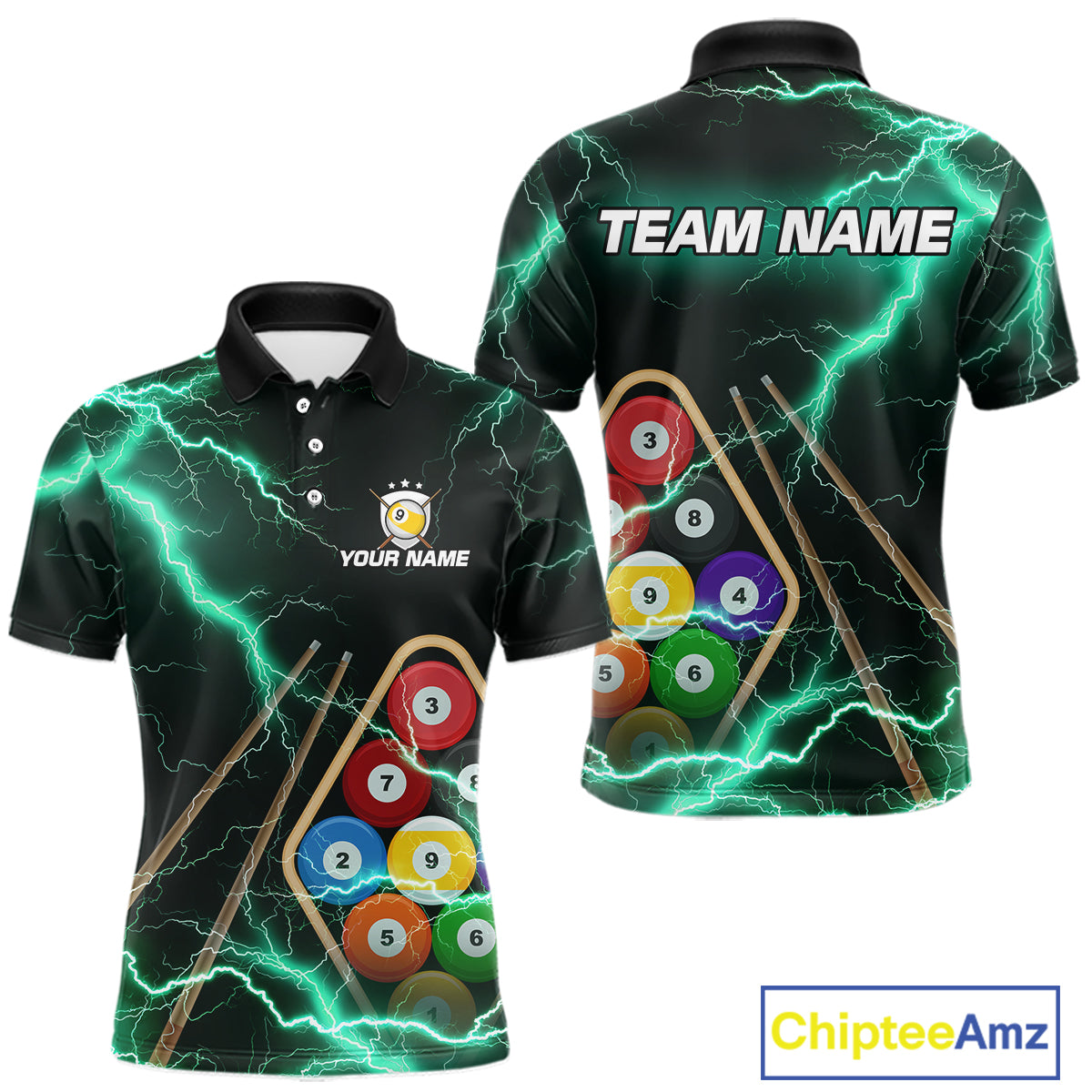Turquoise 9 Ball Thunder Lightning Billiard Shirts For Men Custom Pool Team Jersey Polo & 1/4 Zip TDM5981