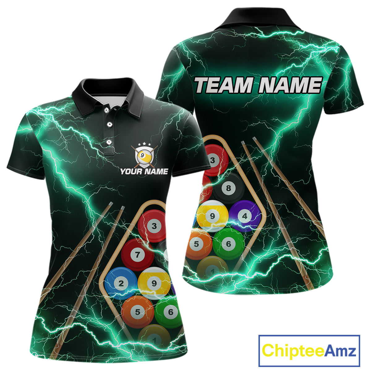 Turquoise 9 Ball Thunder Lightning Billiard Shirts For Women Custom Pool Team Jersey Polo & 1/4 Zip TDM5981