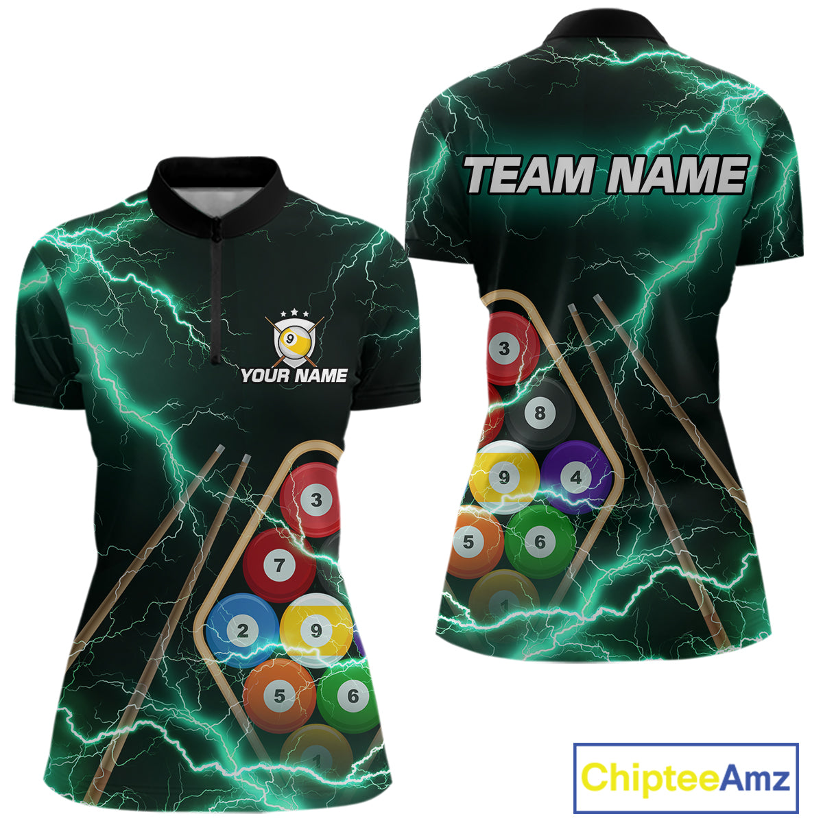 Turquoise 9 Ball Thunder Lightning Billiard Shirts For Women Custom Pool Team Jersey Polo & 1/4 Zip TDM5981