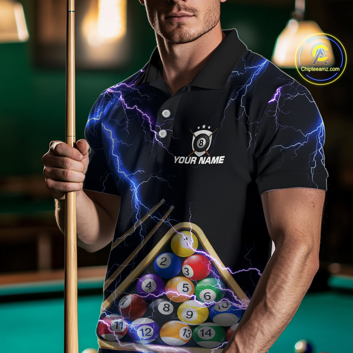 Blue Purple 8 Ball Thunder Lightning Billiard Shirt For Men Custom Pool Team Jersey Polo, 1/4 Zip TDM5982