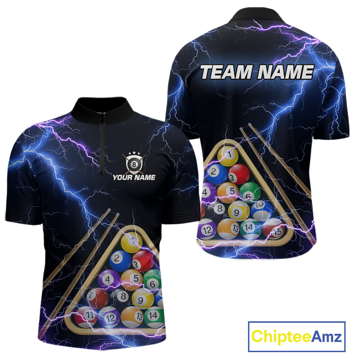 Blue Purple 8 Ball Thunder Lightning Billiard Shirt For Men Custom Pool Team Jersey Polo, 1/4 Zip TDM5982