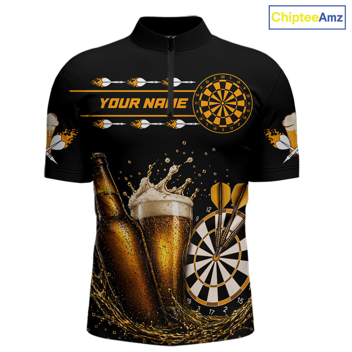 Custom Yellow Funny Dartboard Beer Darts Shirt For Men, Darts Team Jersey Polo & Quarter Zip TDM6453