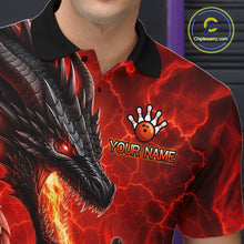 Load image into Gallery viewer, Close up of dragon fire flame red bowling polo shirt collar, buttons and chest design.