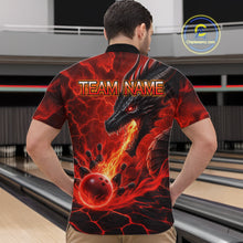 Load image into Gallery viewer, Man wearing dragon fire flame red bowling quarter zip shirt back view.