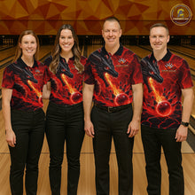 Load image into Gallery viewer, Bowling team wearing matching dragon fire flame red jerseys front view.