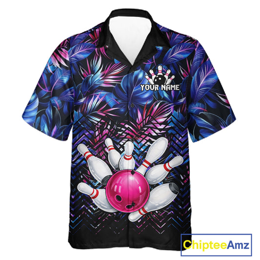 Blue And Pink Tropical Floral Bowling Hawaiian Shirt For Men Women Custom Bowling Team Jersey TDM6222