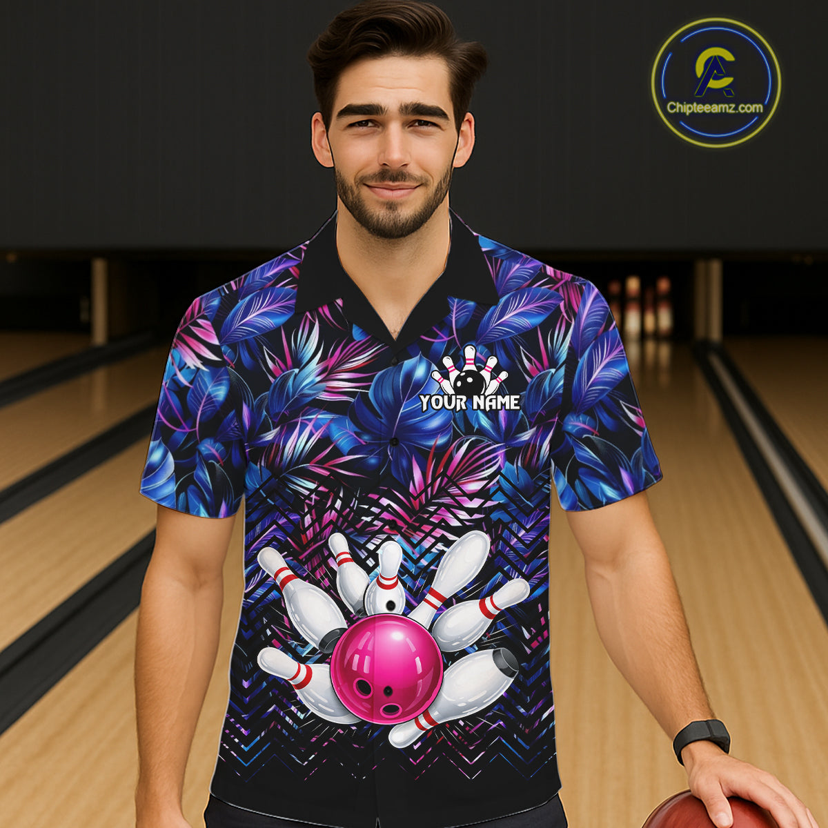 Custom Blue And Pink Tropical Floral Bowling Shirt For Men, Bowling Team Jersey Polo & 1/4 Zip TDM6222