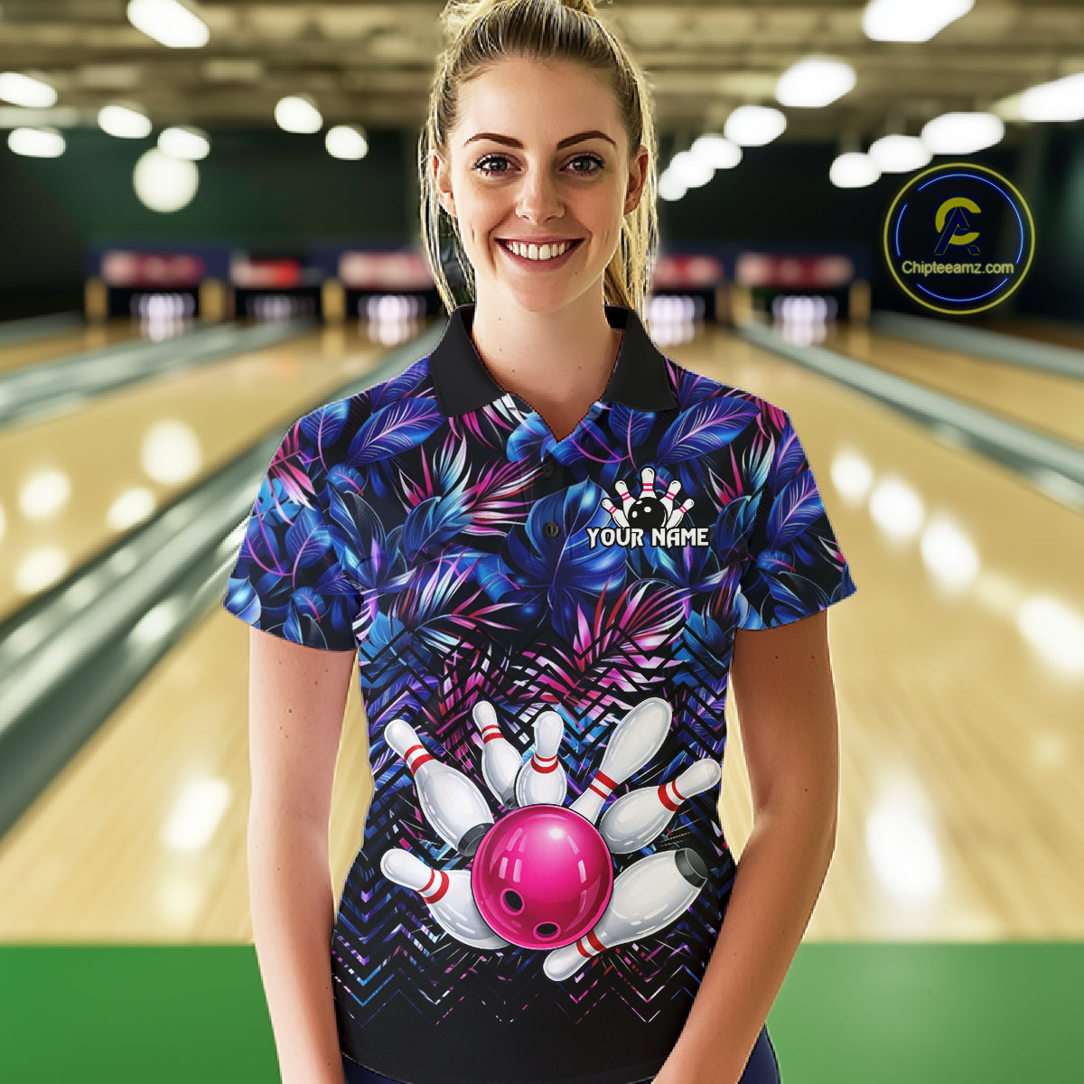 Custom Blue And Pink Tropical Floral Bowling Shirt For Women, Bowling Team Jersey Polo & 1/4 Zip TDM6222