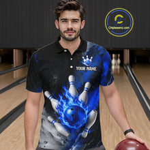 Load image into Gallery viewer, Man wearing black and blue flaming bowling polo shirt front view.