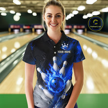 Load image into Gallery viewer, Black and blue flaming bowling quarter zip shirt for women.