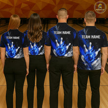 Load image into Gallery viewer, Bowling team wearing matching black and blue flaming bowling jerseys back view.