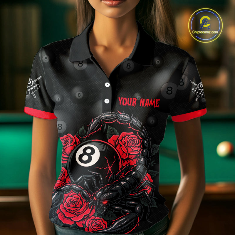 Black Red 8 Ball Scorpion Roses Billiard Shirt For Women Custom Pool Team Shirt, Billiard Jersey TDM5345