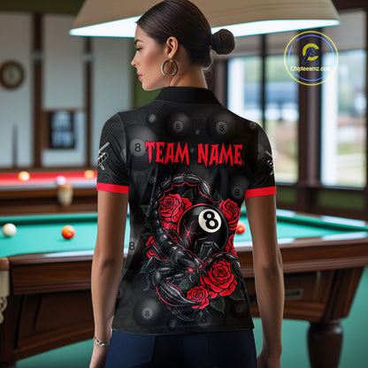 Black Red 8 Ball Scorpion Roses Billiard Shirt For Women Custom Pool Team Shirt, Billiard Jersey TDM5345