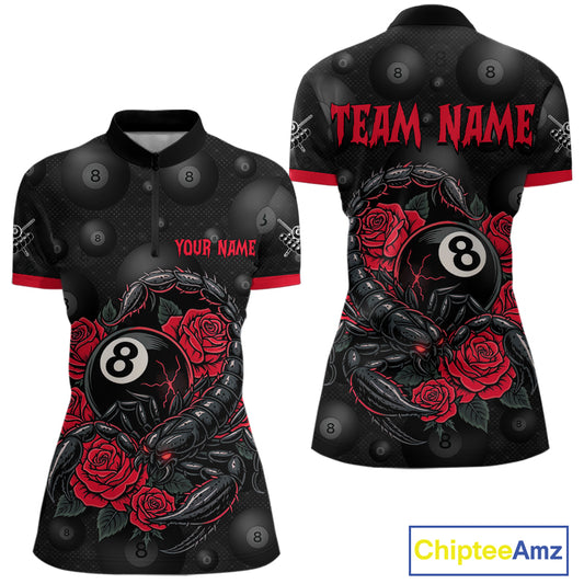 Black Red 8 Ball Scorpion Roses Billiard Shirt For Women Custom Pool Team Shirt, Billiard Jersey TDM5345