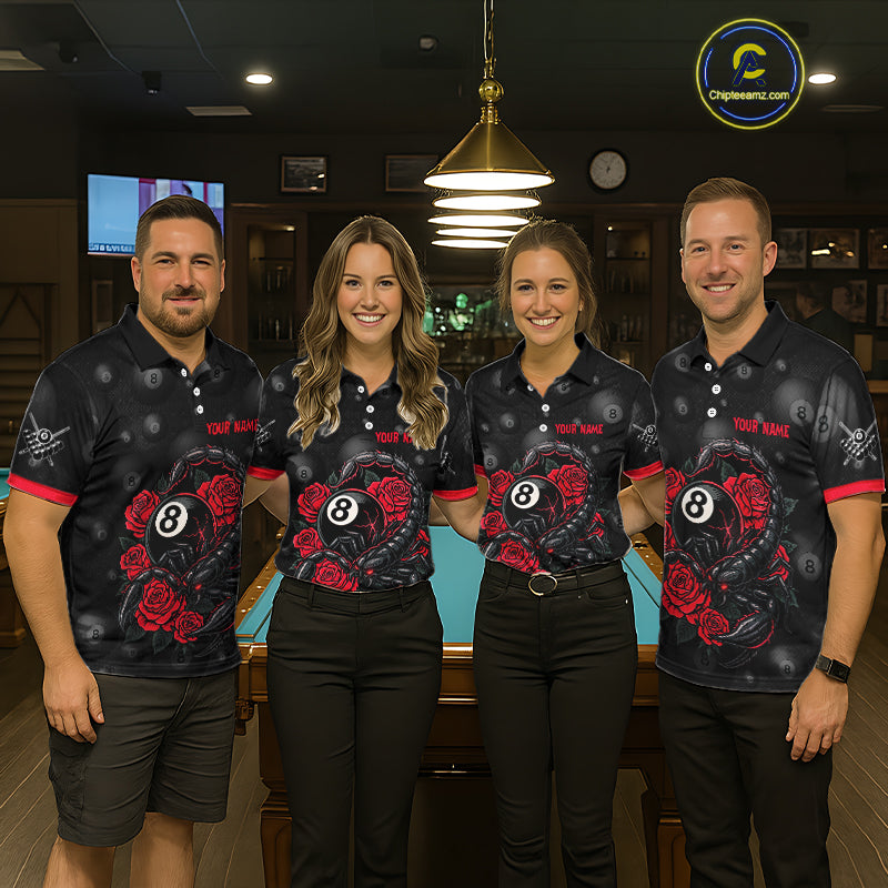 Black Red 8 Ball Scorpion Roses Billiard Shirt For Women Custom Pool Team Shirt, Billiard Jersey TDM5345