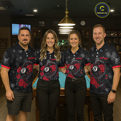 Black Red 8 Ball Scorpion Roses Billiard Shirt For Women Custom Pool Team Shirt, Billiard Jersey TDM5345