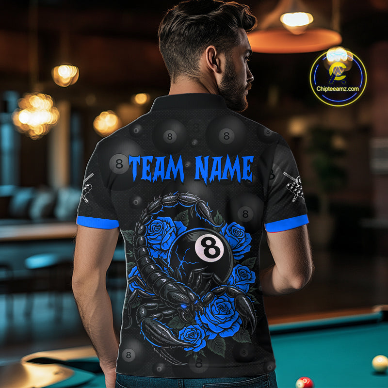 Black Blue 8 Ball Scorpion Roses Billiard Shirt For Men Custom Pool Team Shirt, Billiard Jersey TDM5346