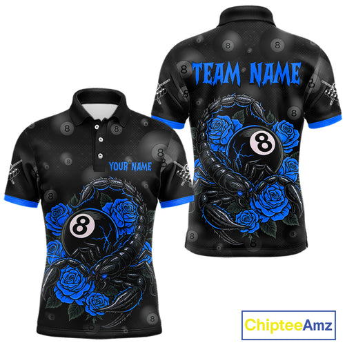 Black Blue 8 Ball Scorpion Roses Billiard Shirt For Men Custom Pool Team Shirt, Billiard Jersey TDM5346