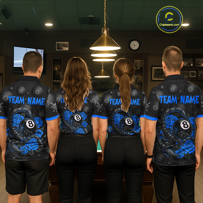 Black Blue 8 Ball Scorpion Roses Billiard Shirt For Men Custom Pool Team Shirt, Billiard Jersey TDM5346