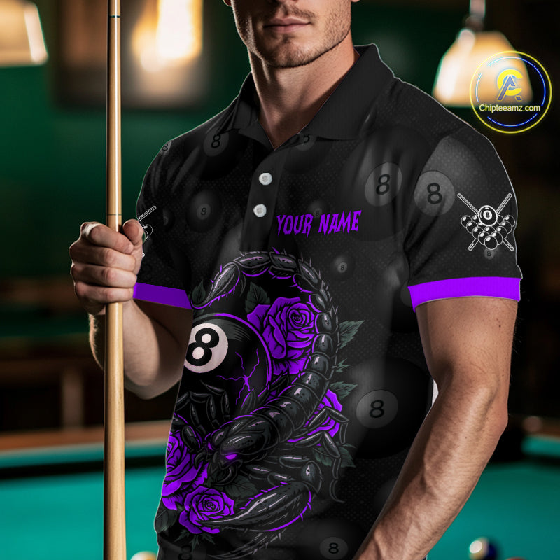 Black Purple 8 Ball Scorpion Roses Billiard Shirt For Men Custom Pool Team Shirt, Billiard Jersey TDM5347