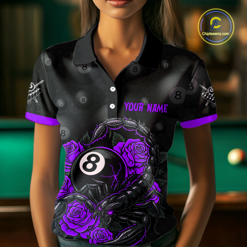 Black Purple 8 Ball Scorpion Roses Billiard Shirt For Women Custom Pool Team Shirt, Billiard Jersey TDM5347