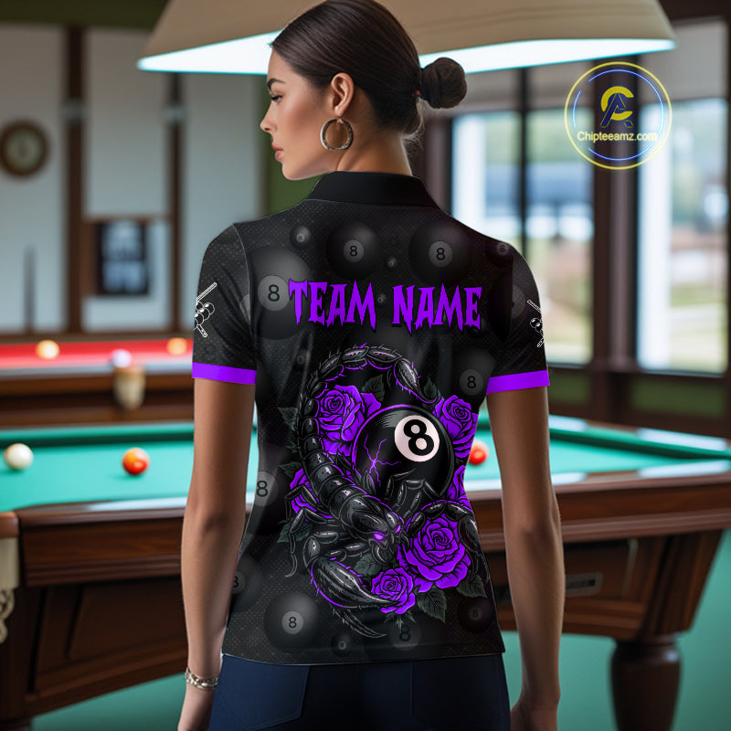 Black Purple 8 Ball Scorpion Roses Billiard Shirt For Women Custom Pool Team Shirt, Billiard Jersey TDM5347