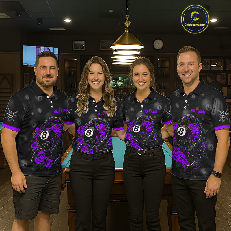 Black Purple 8 Ball Scorpion Roses Billiard Shirt For Women Custom Pool Team Shirt, Billiard Jersey TDM5347