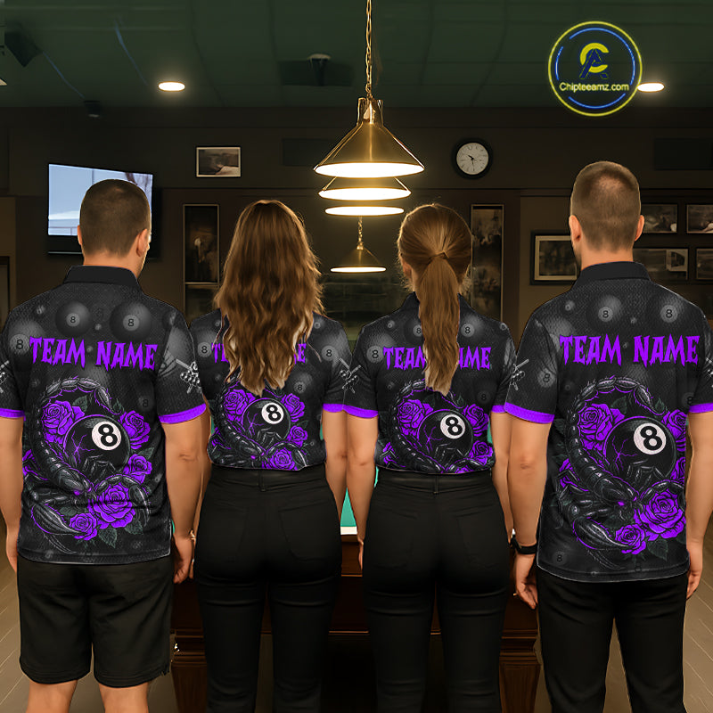 Black Purple 8 Ball Scorpion Roses Billiard Shirt For Women Custom Pool Team Shirt, Billiard Jersey TDM5347