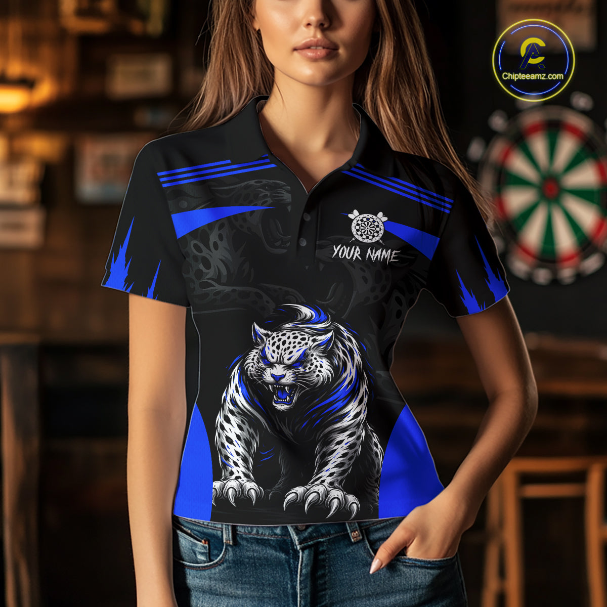 Black And Blue Custom Leopard Darts Shirt For Women, Darts Team Jersey Polo & Quarter Zip TDM5626